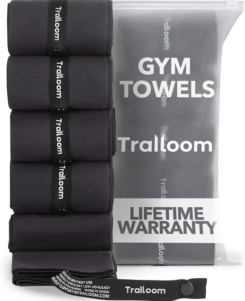 Trailoom Microfiber Workout Towels - Quick Dry, Highly Absorbing, Odor-Free, for Men & Women - Gym Sweat Sports Towel for Hot Yoga, Tennis, Running, Exercise, Working Out, Camping, Set of 5 Black - Image 1